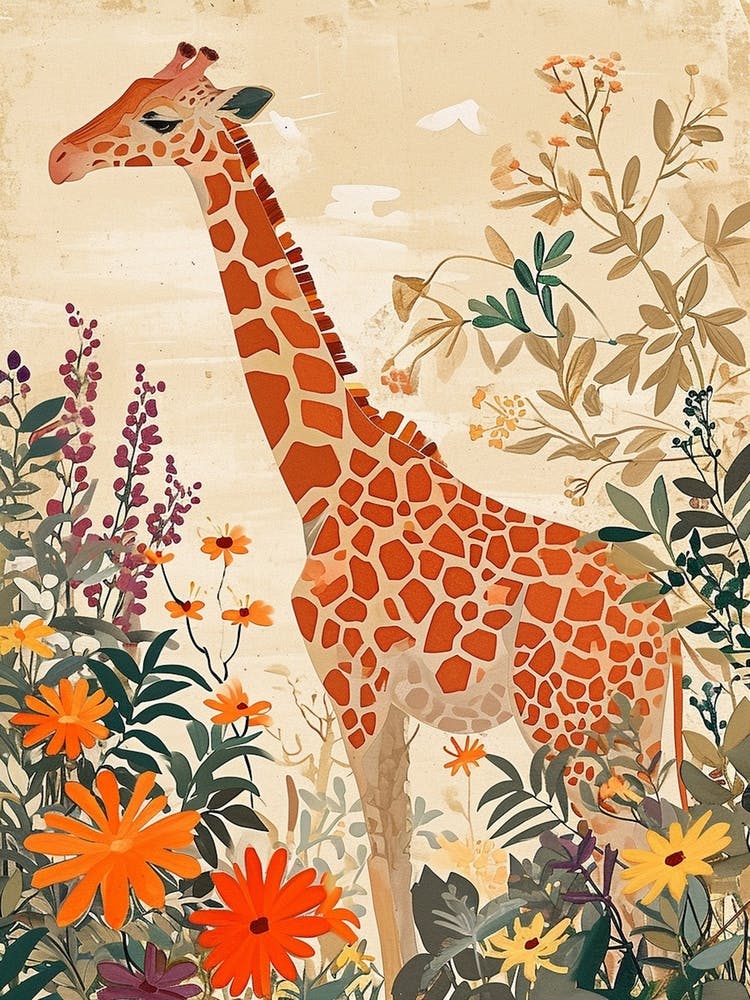 Jolie Illustration d'une Girafe Parmi les Plantes 1