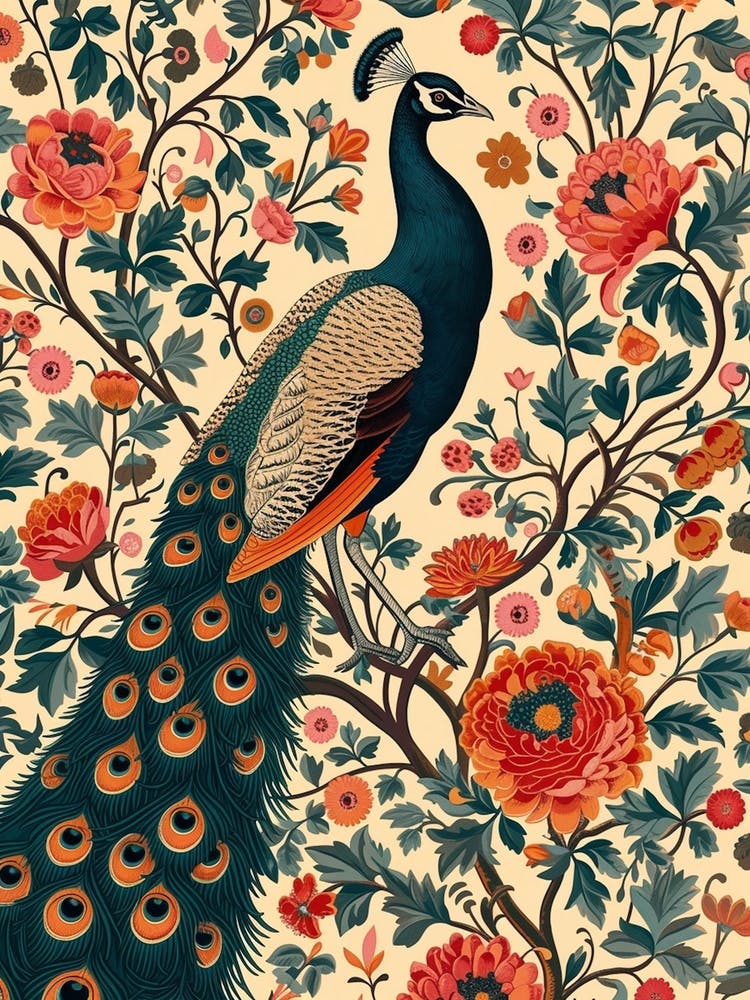 Sepia Red & Orange Floral Peacock