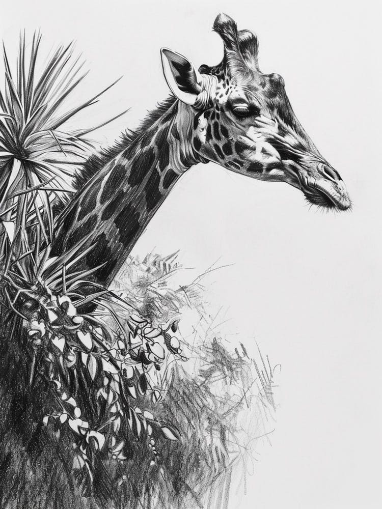 Giraffe In The Leaves Pencil Drawing 4