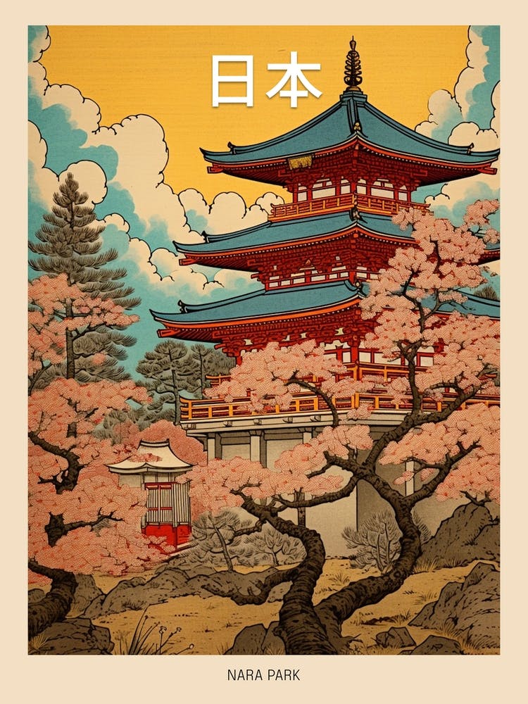 Nara Park, Japan Vintage Travel Art 2 Poster