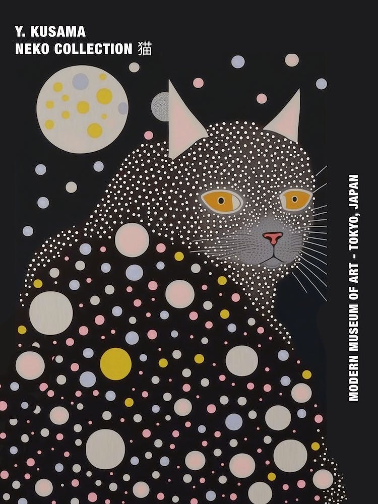 Yayoi Kusama Inspired Cat Pink Grey Poster
