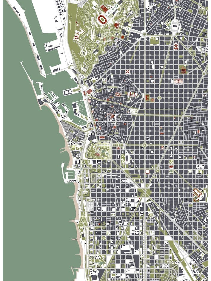 Barcelona Engraving Map