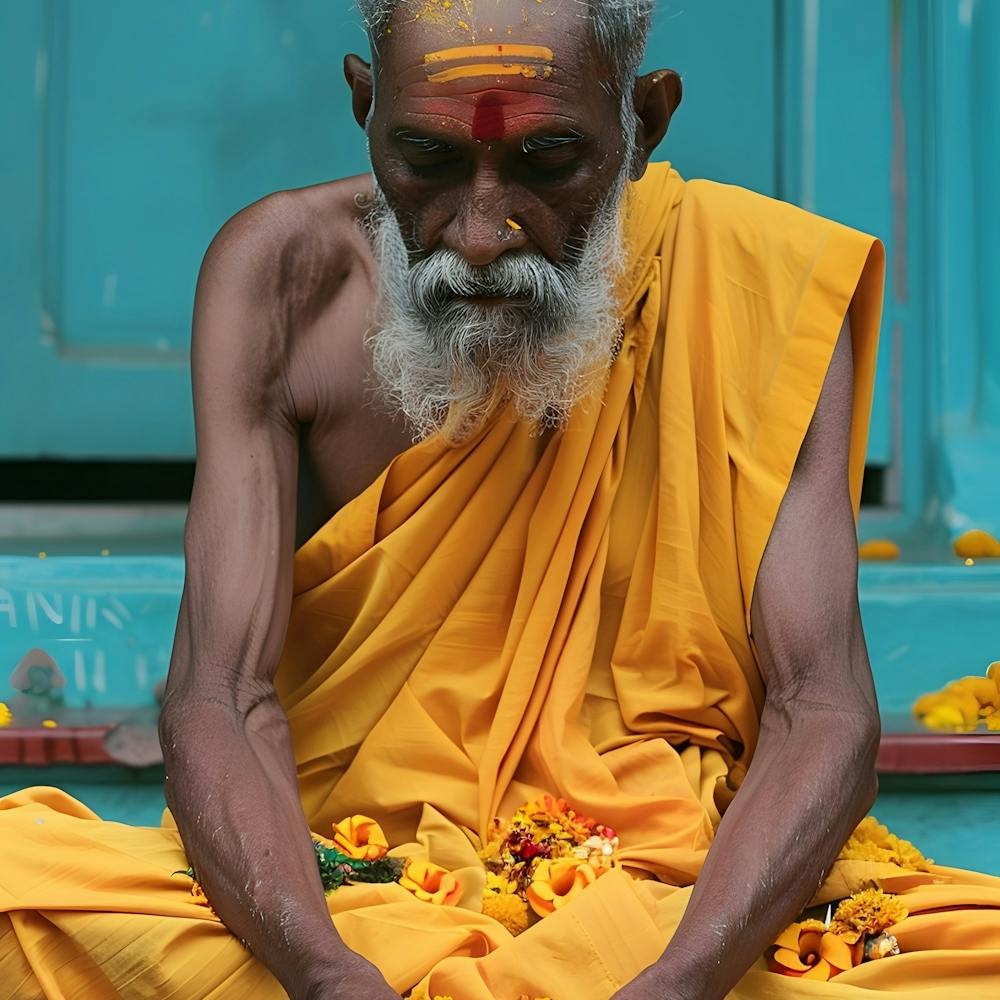 Old Man Praying In A Temple