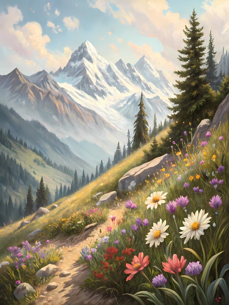 Wildblumen an einem Berghang Ölgemälde-Stil