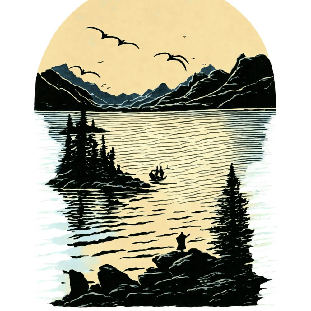 Idyllic Lake Scene with Fishing Man and Birds