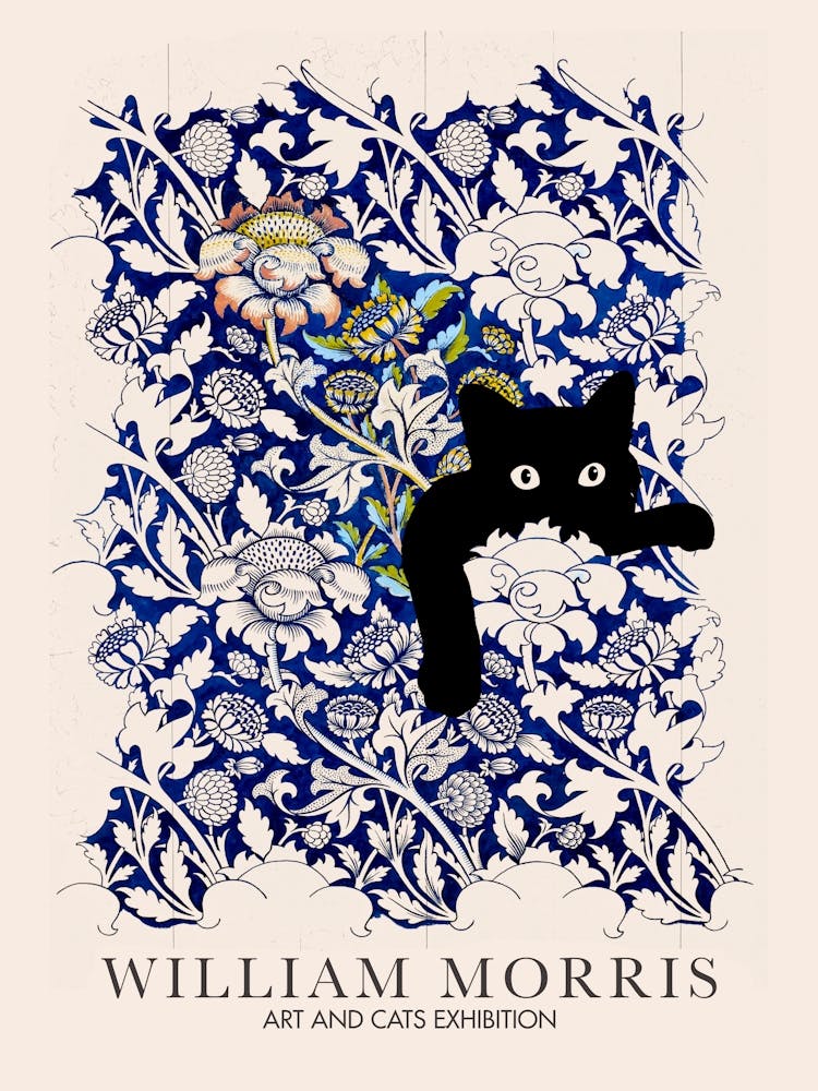 William Morris Peekaboo Cat Watercolour Blue Flower Botanical