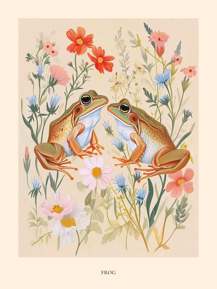 Folksy Floral Animal Drawing Frog 8 Poster