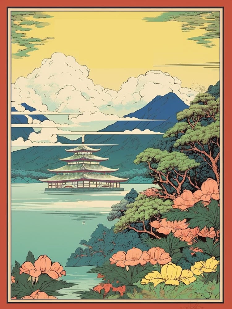 Lake Ashi, Japan Vintage Travel Art 3