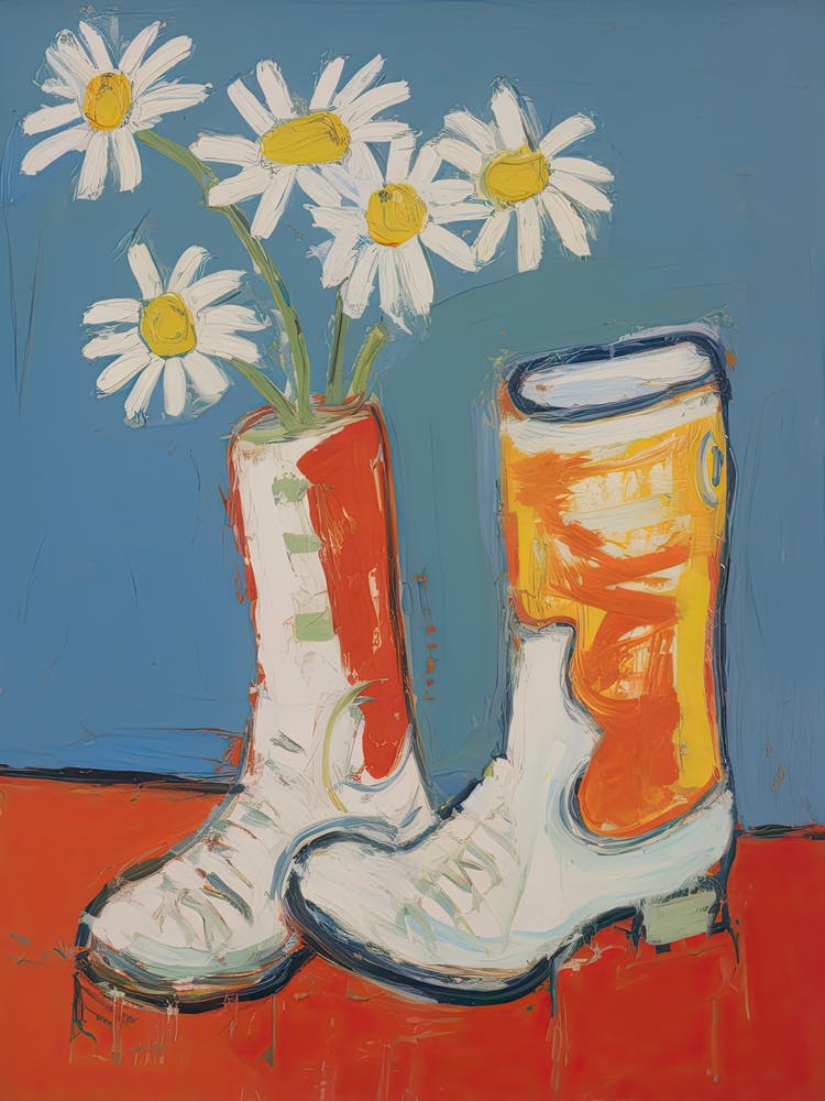 A Painting Of Cowboy Boots With Daisies Flowers, Pop Art Style 15