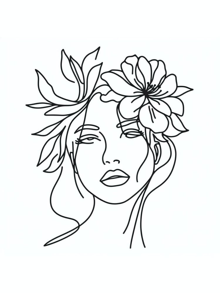 Visage de femme avec fleur - Dessin au trait