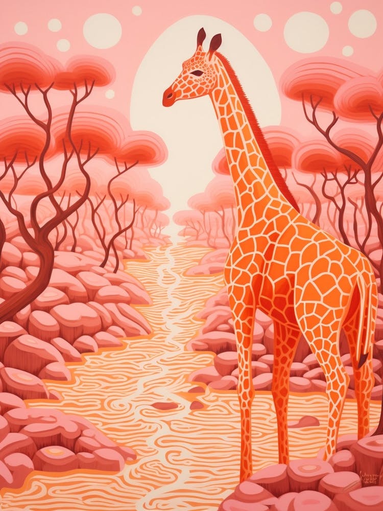 Giraffe In The River With The Trees