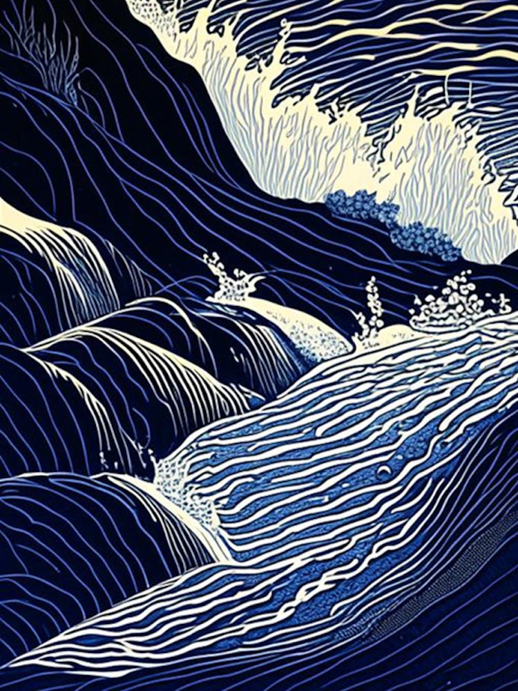 Splashing Water Waterscape Linocut 1