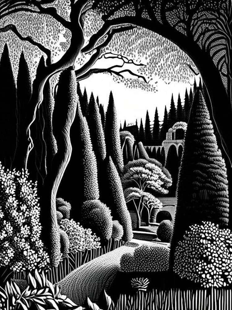 Parco Sempione, 1, Italy Linocut Black And White Vintage