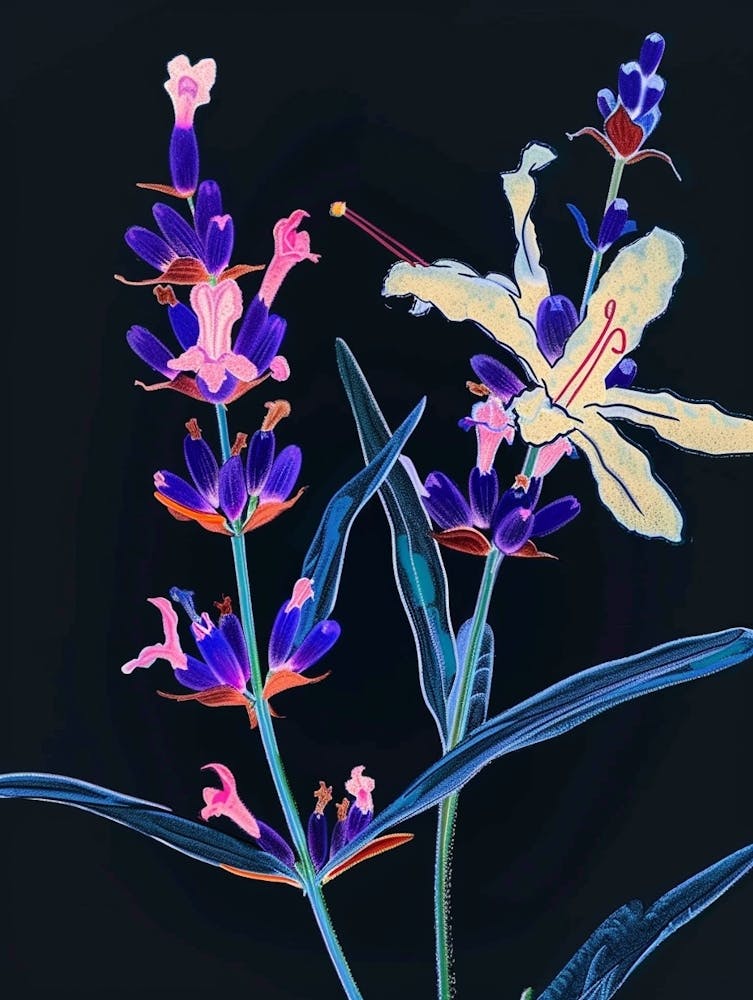 Fleurs Néon Sur Noir Lavande 2