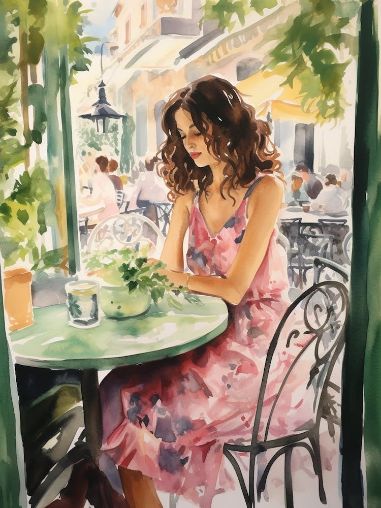 At A Cafe In Porto Portugal Watercolour