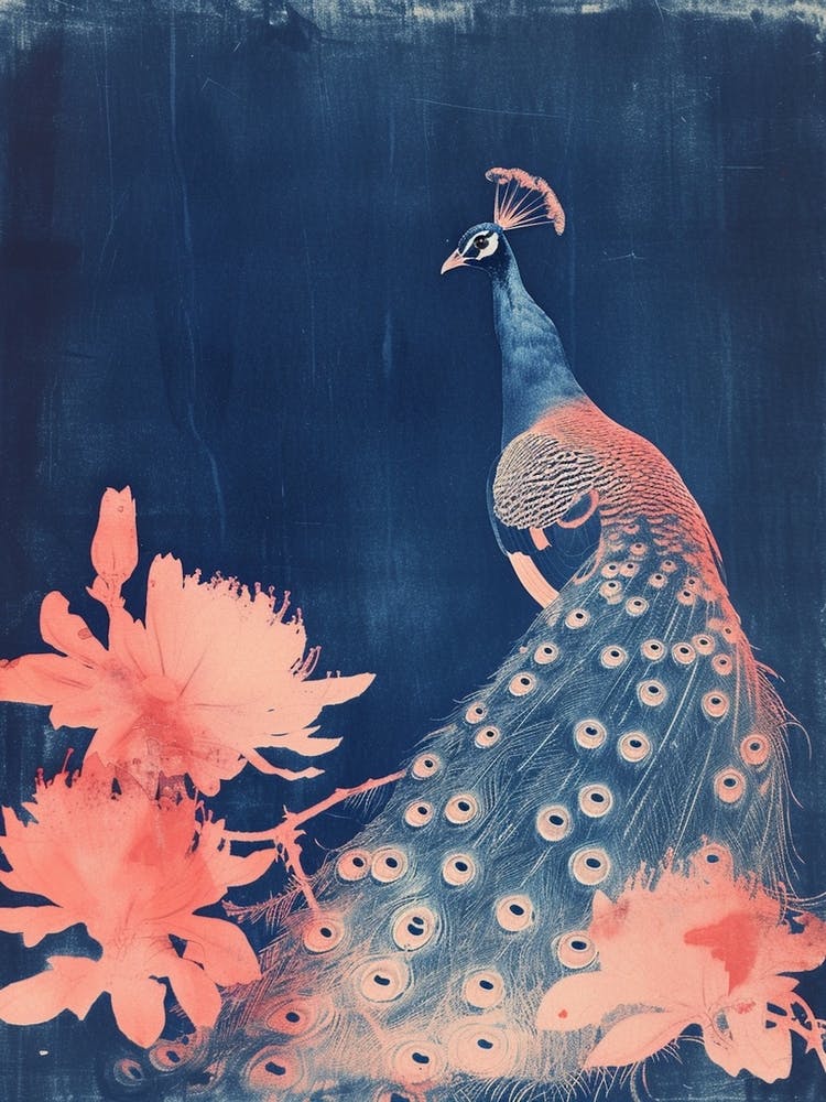Cyanotype Inspired Peacock In The Leaves 2
