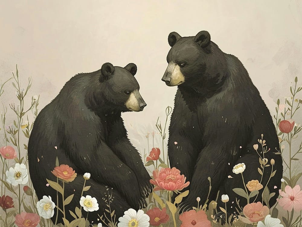 Floral Animal Illustration Black Bear 2