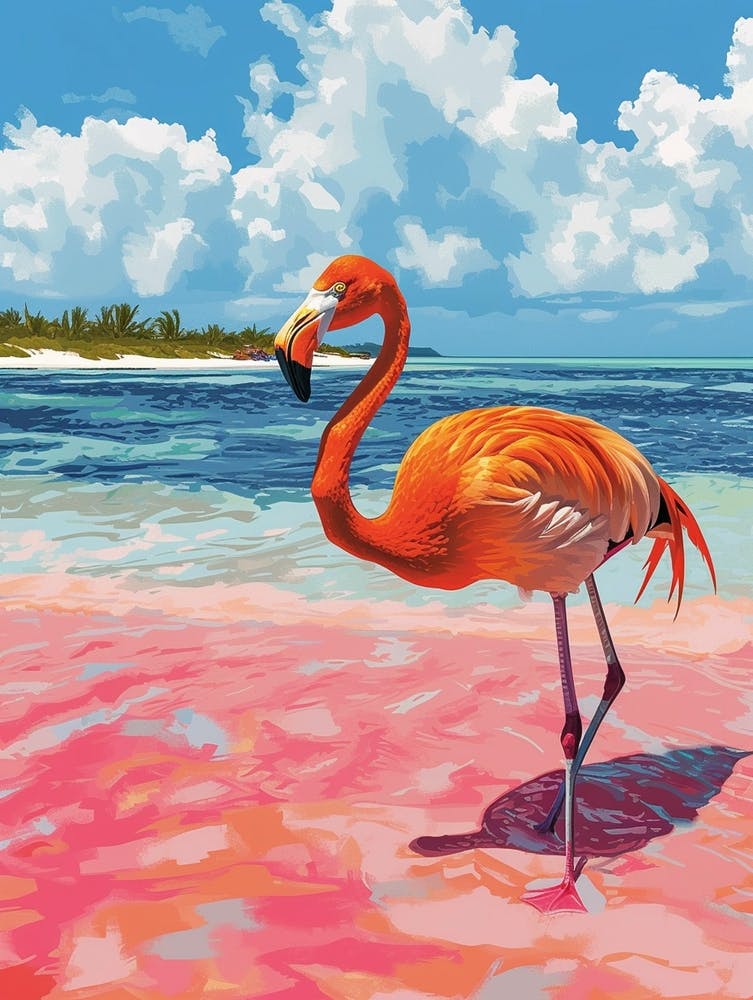 Großer Flamingo Rosa Sandstrand Bahamas Tropische Illustration 6