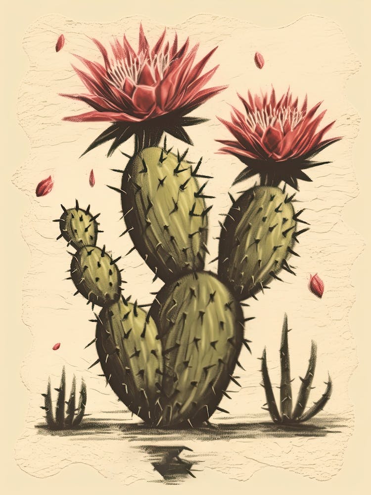 Cactus With Pink Flower Vintage Illustration