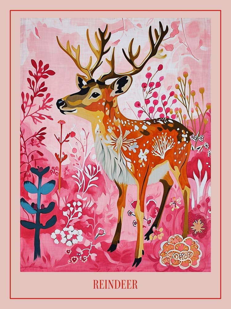 Floral Animal Painting Reindeer 4 Poster