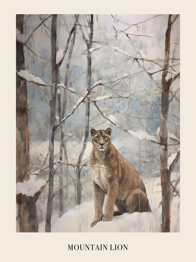 Vintage Winter Animal Painting Poster Mountain Lion 1