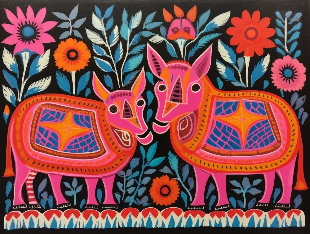 Rhinoceros 4 Folk Style Animal Illustration