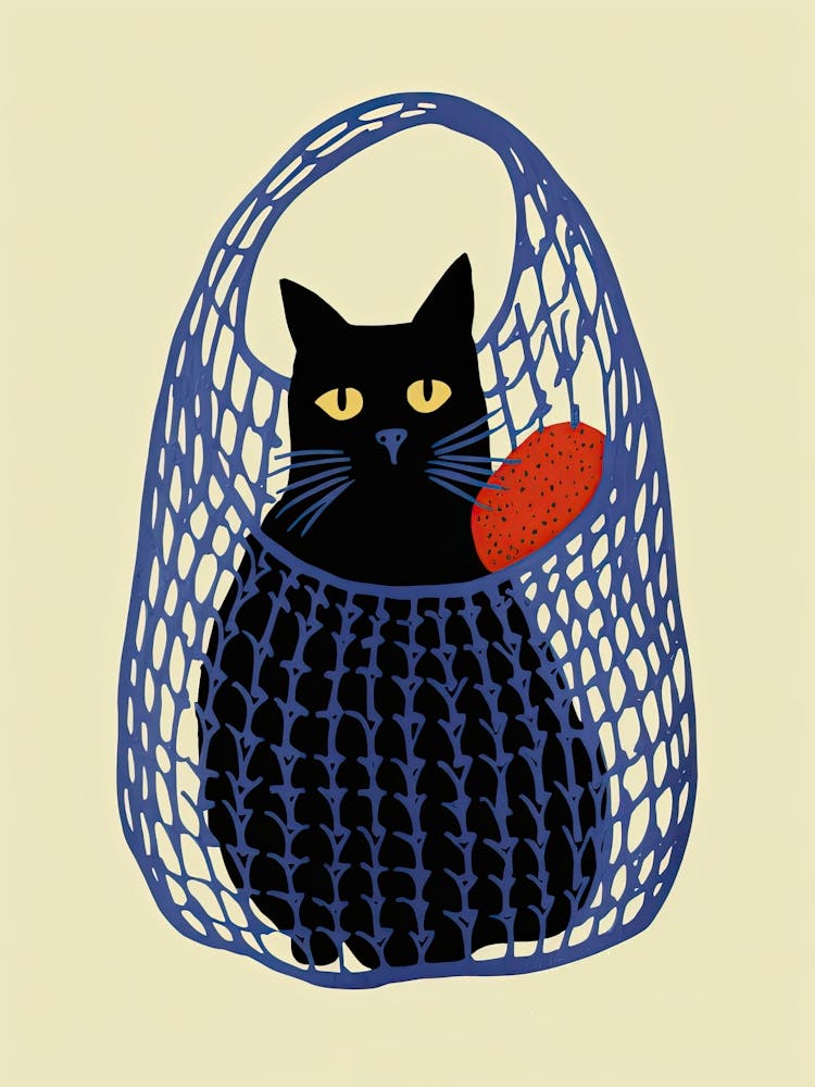Black Cat In A Blue Net Bag With One Orange