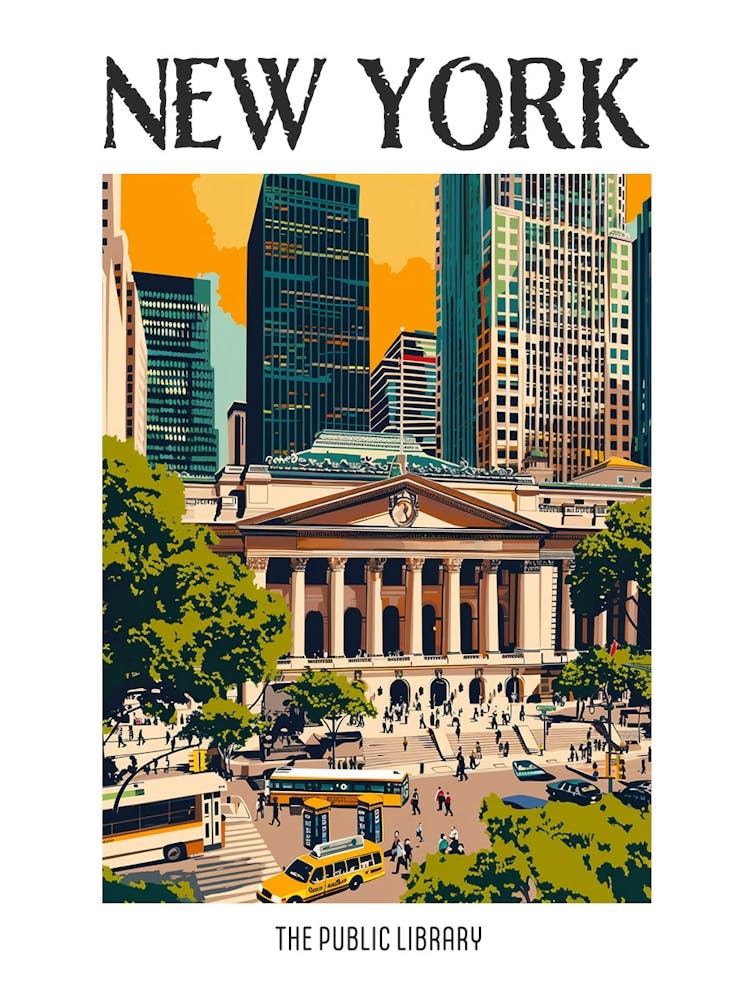 The New York Public Library New York Bunte Siebdruckillustration 3 Poster