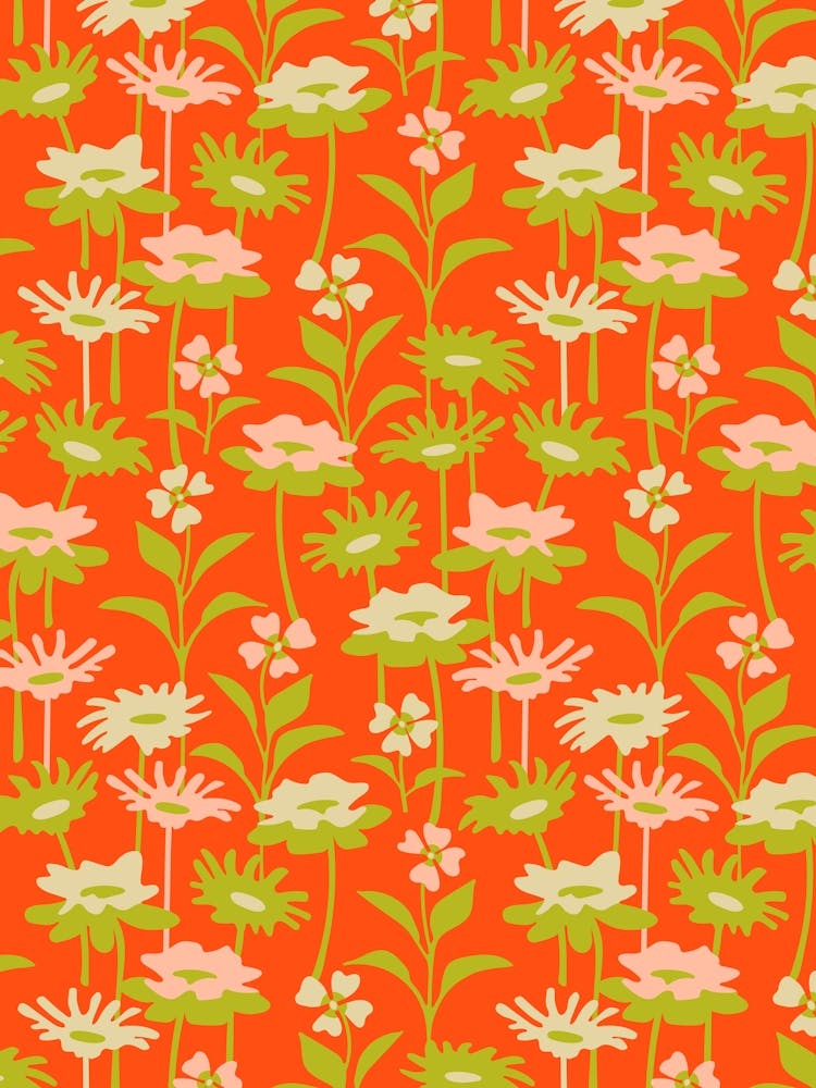 GARDEN MEADOW Floral Botanical Flowers Wildflowers in Summer Green Blush on Coral Orange