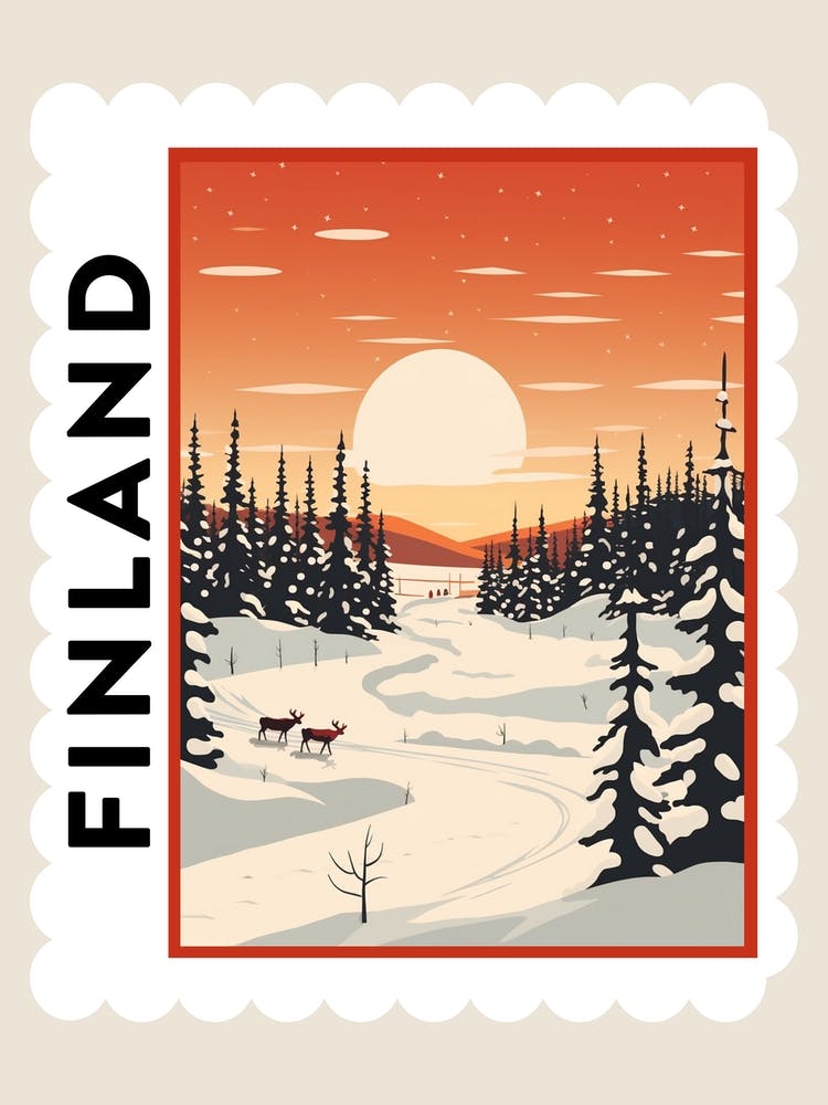 Retro Winter Stamp Poster Lapland Finland 2