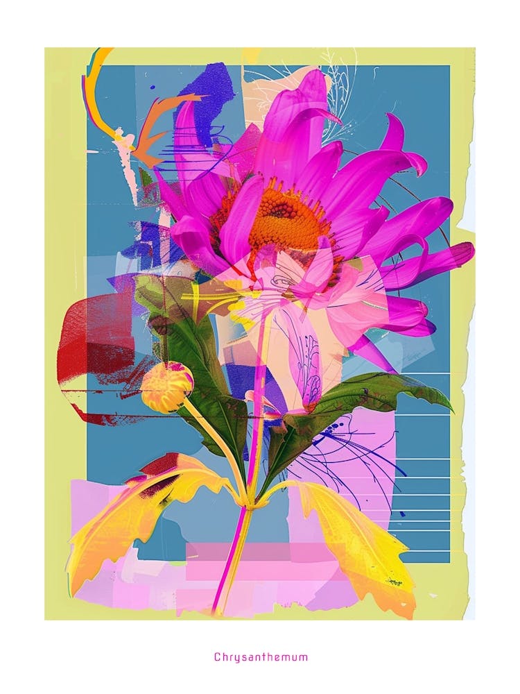 Chrysanthemum 1 Neon Flower Collage Poster