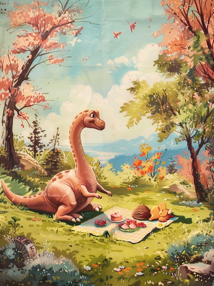 Dinosaur Picnic Vintage Painting