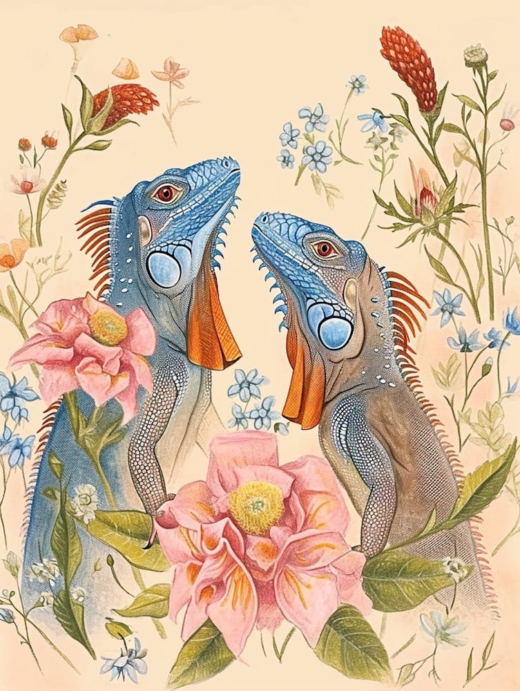 Folksy Floral Animal Drawing Iguana