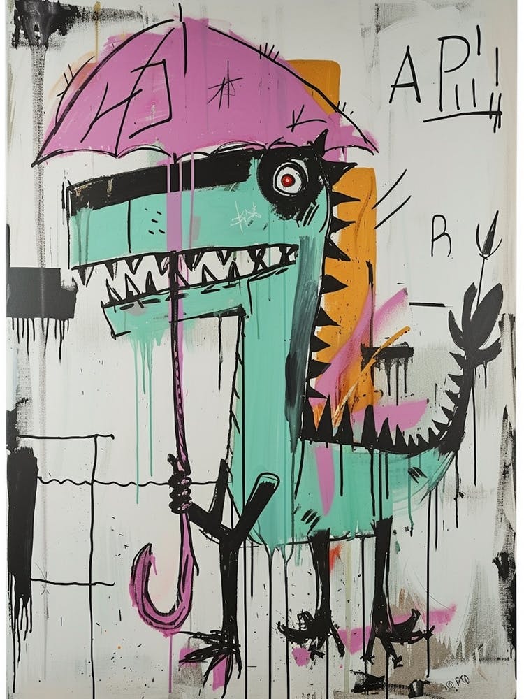 Dinosaur In The Rain Holding An Umbrella Teal Purple 1