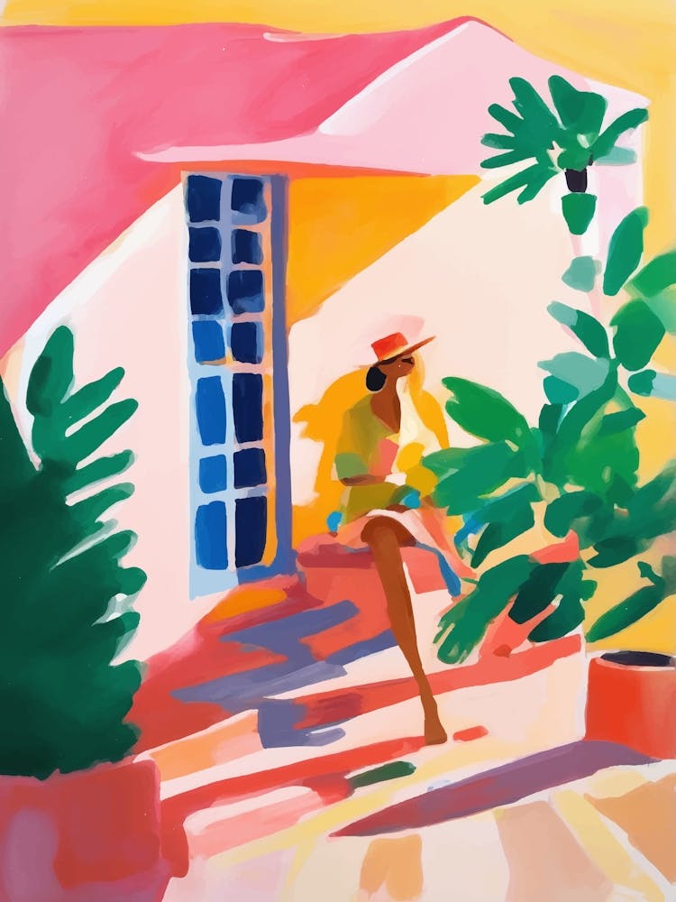 Relaxed girl at the door of her pink house