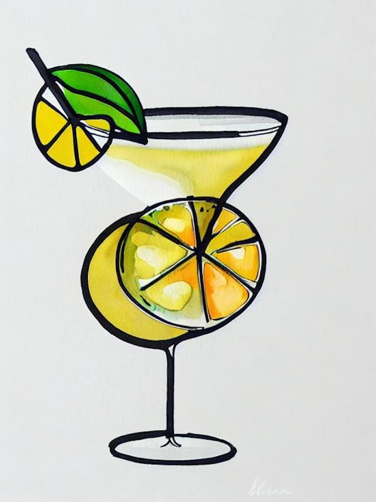 Affiche Cocktail Lemon Drop Martini Dessin au Trait Minimaliste avec Affiche Cocktail Aquarelle