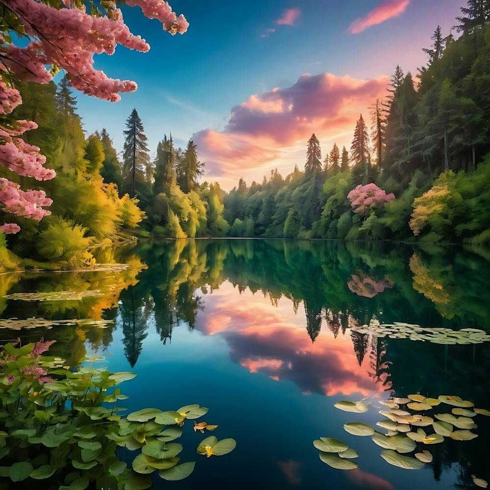 Sunset on lake in the forest