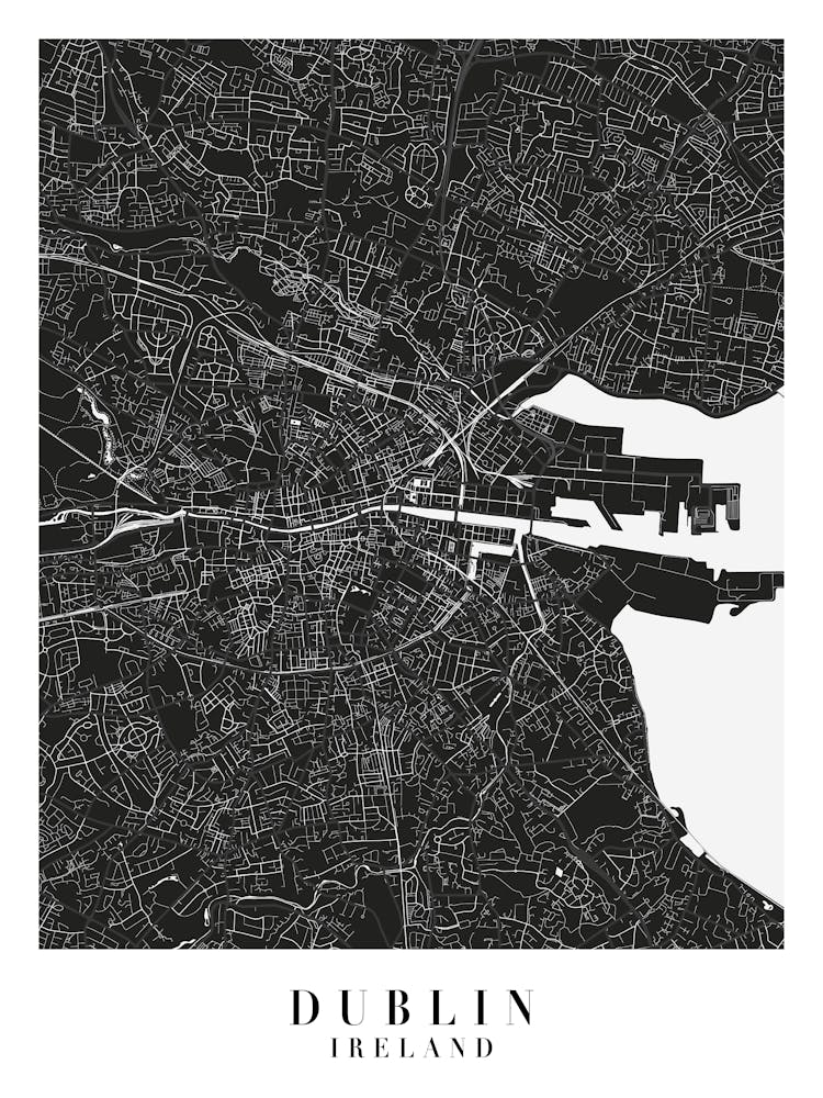Dublin Ireland Minimal Black Mono Street Map 