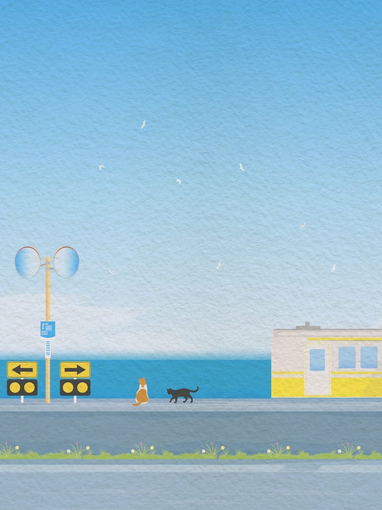 Minimal art illustration View of the train street on the beach