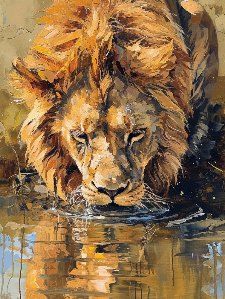 African Lion Drinking From A Watering Hole Acrylic Painting 3
