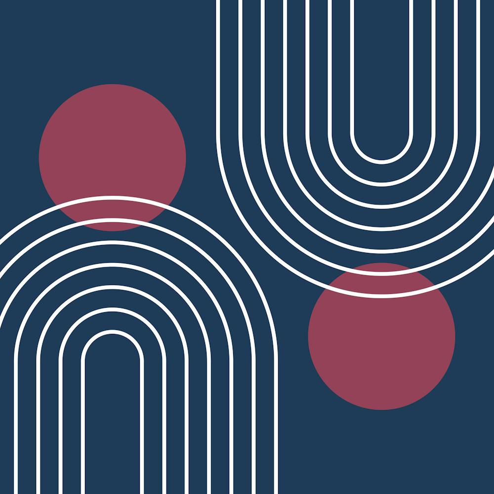 Mid Century Modern Geometric In Navy Blue And Burgundy (Rainbow And Sun Abstract) 02