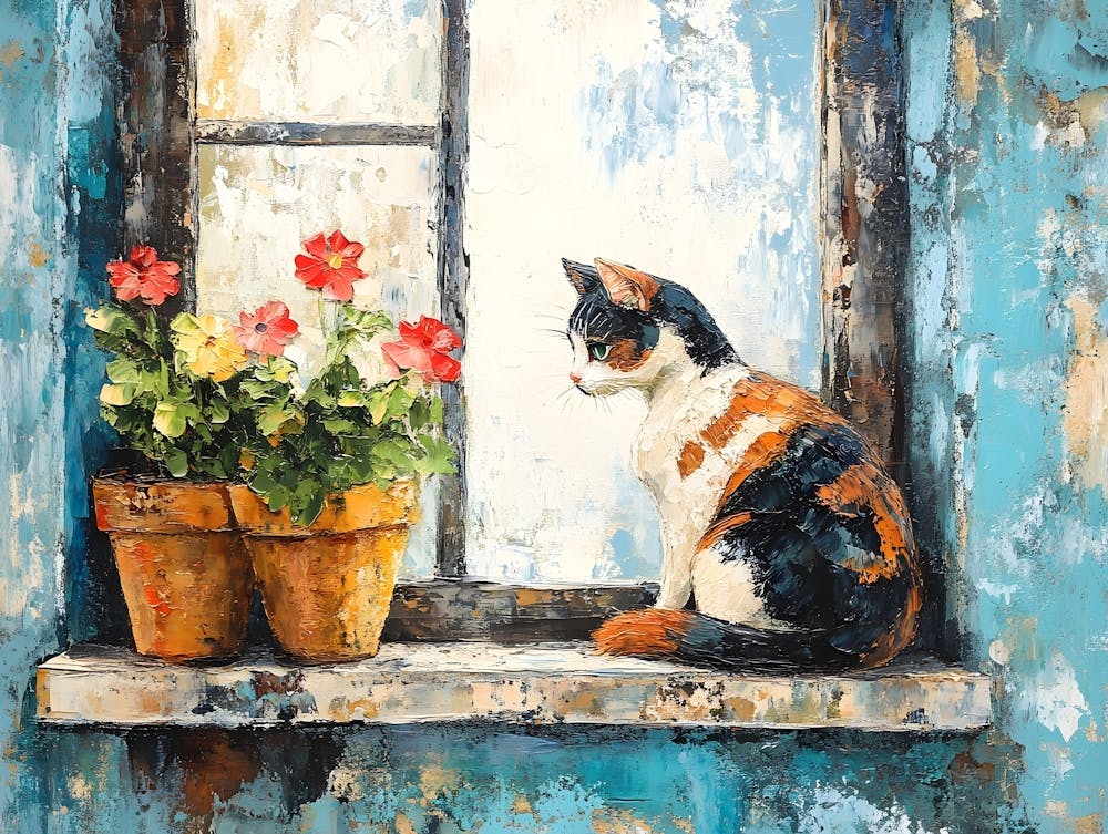 Cat In Window With Flowers 7