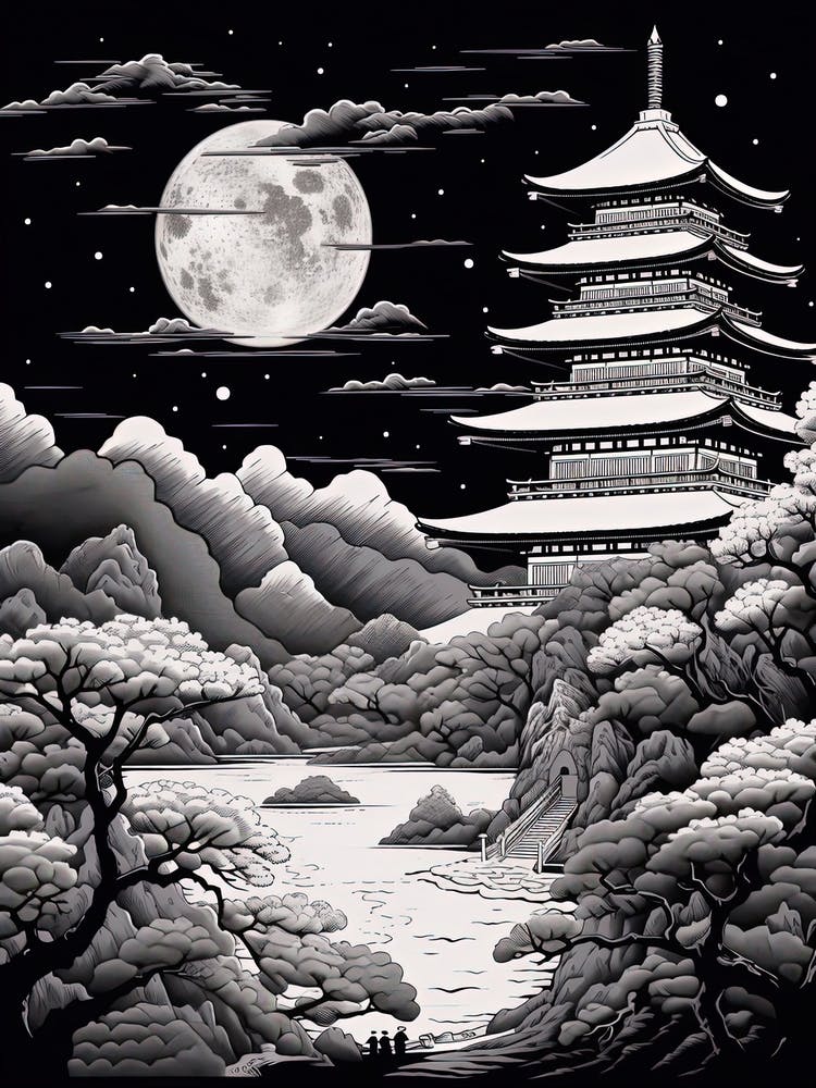 Chureito Pagoda In Yamanashi, Ukiyo E Black And White Line Art Drawing 3