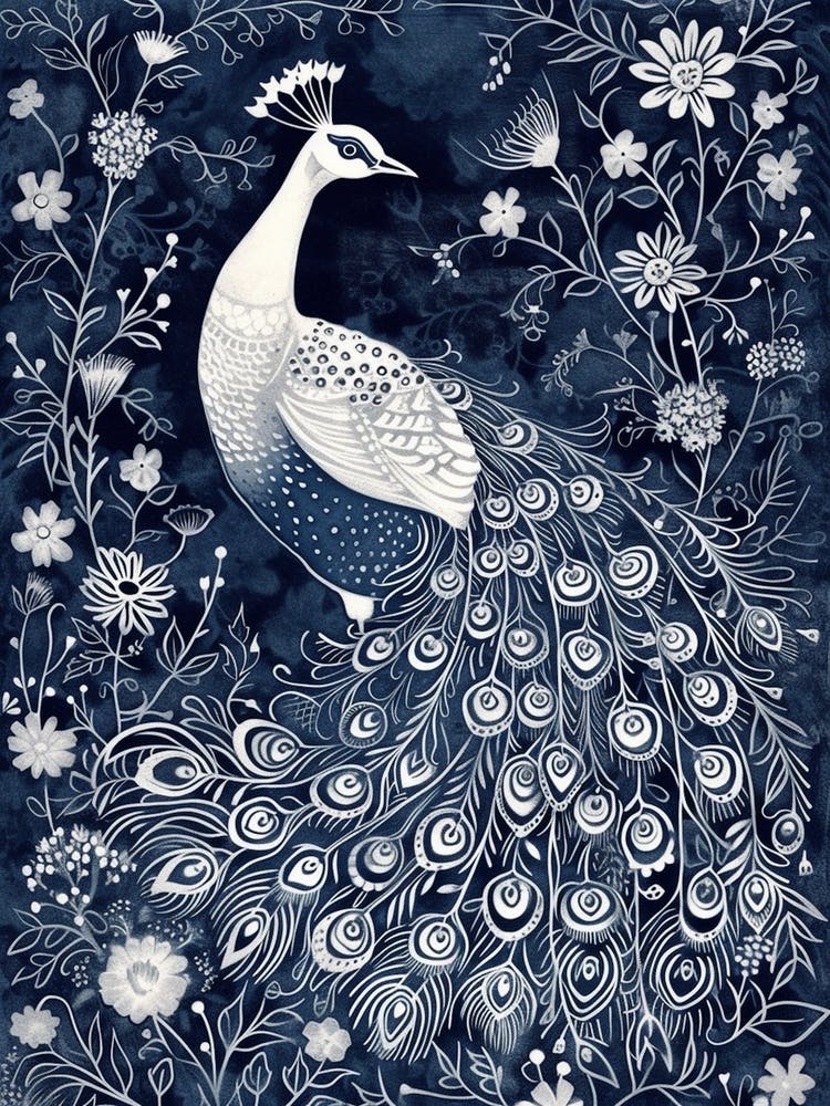 Peacock Folk Floral Linocut Inspired 1