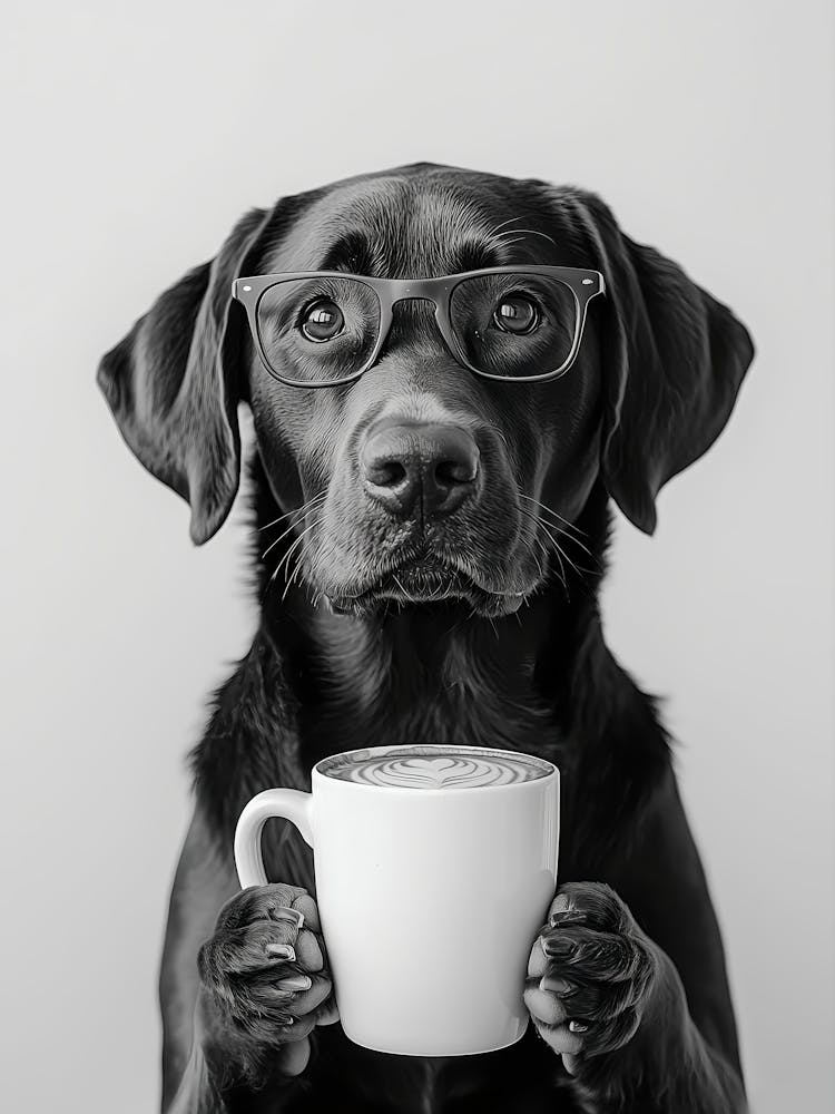Chocolate Labrador Drinking Coffee Wall Art, Black And White Print, Coffee Lover Print, Brown Lab Gift, Funny Dog Poster, Kitchen Wall Decor
