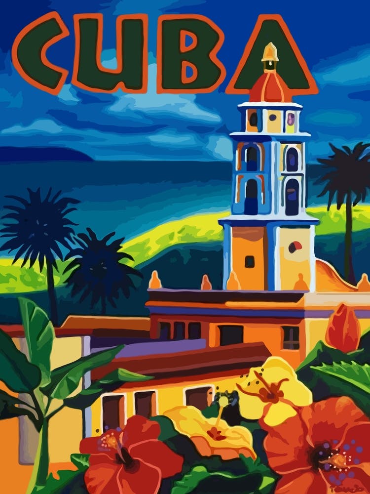Cuba, Floral Vintage Travel Poster