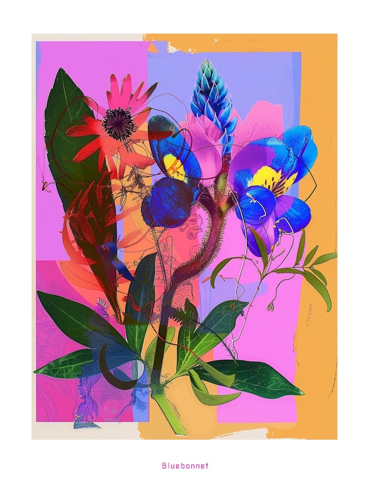 Bluebonnet 1 Neon Flower Collage Poster