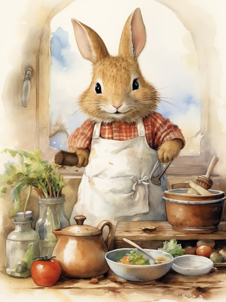 Bunny Cooking Luck Rabbit Prints Watercolour 2