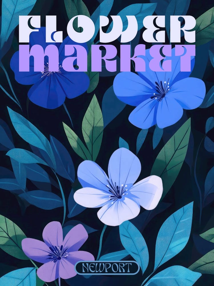 Newport city print flower market poster in dark blues, retro aesthetic floral illustration with 70s style typography, vintage travel prints perfect for eclectic living rooms, bedrooms, kitchens, entryways