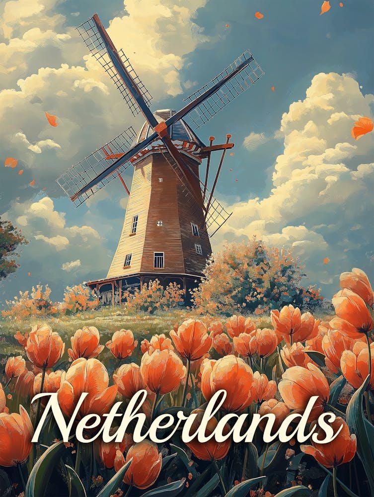 Vintage Dutch Windmill : Tulips and Charm Poster